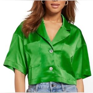 Cropped Satin Button-Front Shirt - Sans Souci